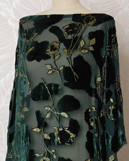 Emerald and Gold Floral Velvet Dirac - Exquisite Silk Chiffon, 140cm Width X 3.5 Mtrs Piece-D18925 Regal Fabrics