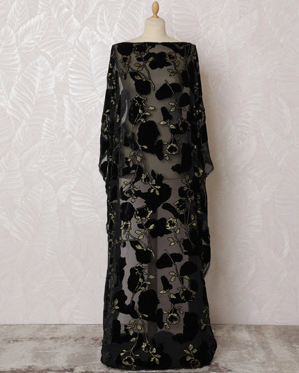 Jet Black Velvet Dirac with Golden Embroidery - Pure Silk Chiffon, 140cm Width X 3.5 Mtrs Piece-D18926