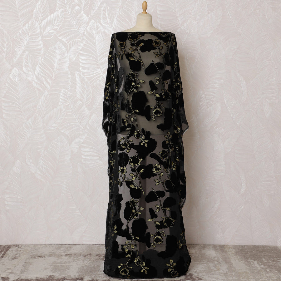 Jet Black Velvet Dirac with Golden Embroidery - Pure Silk Chiffon, 140cm Width X 3.5 Mtrs Piece-D18926