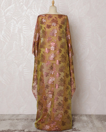 Copper Blossom Silk Chiffon Dirac - Metallic Lurex Highlights, 140cm Width X 3.5 Mtrs piece-D18928