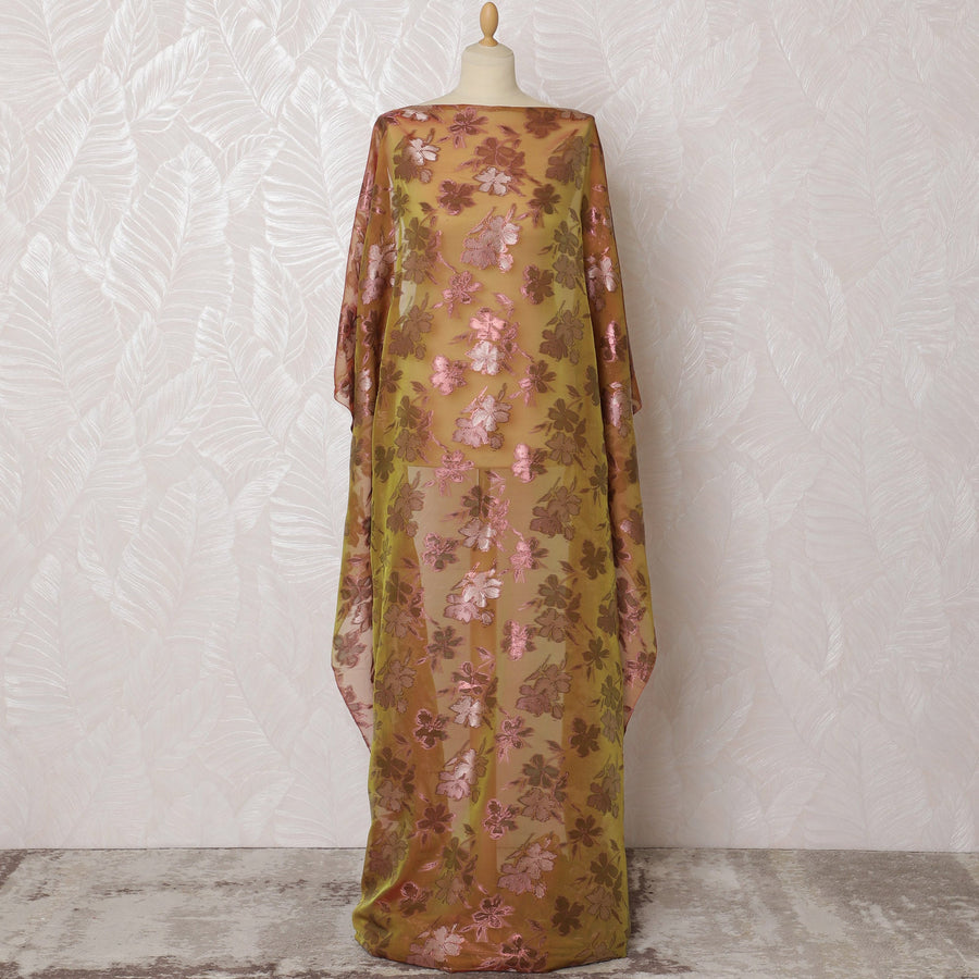 Copper Blossom Silk Chiffon Dirac - Metallic Lurex Highlights, 140cm Width X 3.5 Mtrs piece-D18928