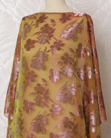 Copper Blossom Silk Chiffon Dirac - Metallic Lurex Highlights, 140cm Width X 3.5 Mtrs piece-D18928