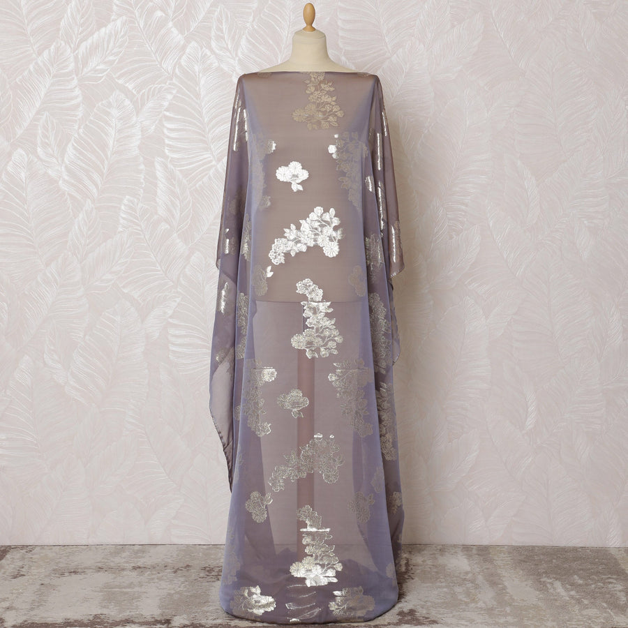 Smoky Lavender Silk Chiffon Dirac with Silver Lurex Florals, 140cm Wide X 3.5 Mtrs piece-D18932
