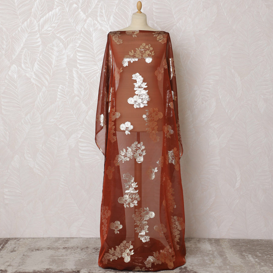 Burnt Sienna Silk Chiffon Dirac with Rose Gold Lurex Florals, 140cm Wide X 3.5 Mtrs piece-D18933
