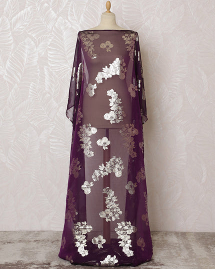 Plum Elegance Silk Chiffon Dirac with Silver Lurex Florals, 140cm Wide X 3.5 Mtrs piece-D18934