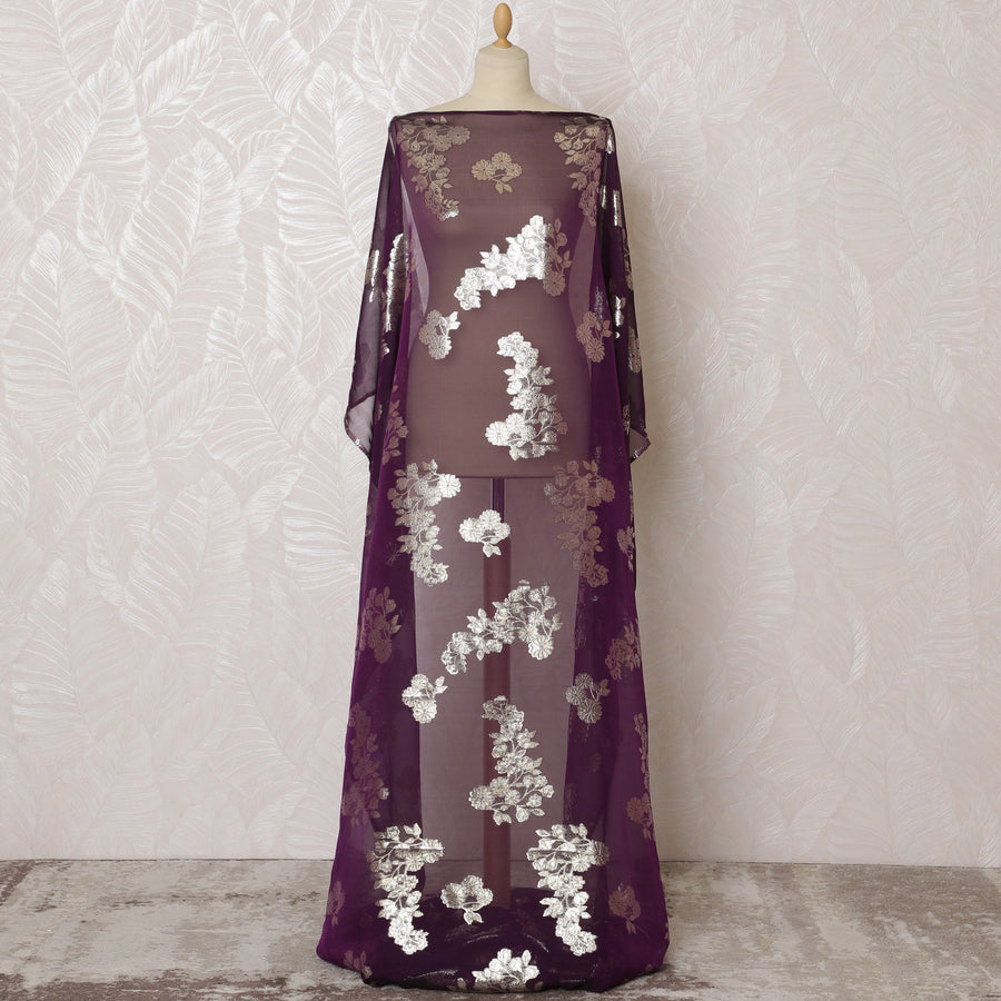 Plum Elegance Silk Chiffon Dirac with Silver Lurex Florals, 140cm Wide X 3.5 Mtrs piece-D18934