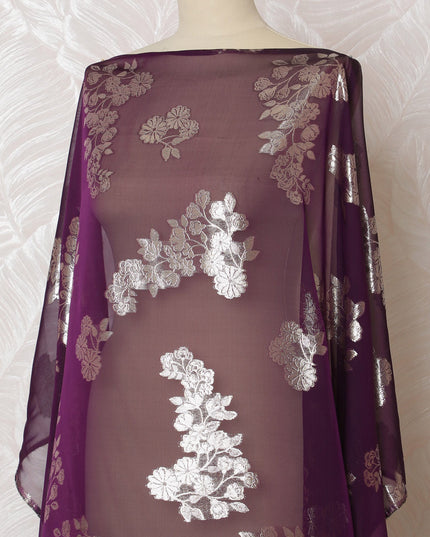 Plum Elegance Silk Chiffon Dirac with Silver Lurex Florals, 140cm Wide X 3.5 Mtrs piece-D18934