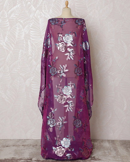 Regal Magenta Silk Chiffon Dirac with Iridescent Lurex Florals, 140cm Wide X 3.5 Mtrs piece-D18935