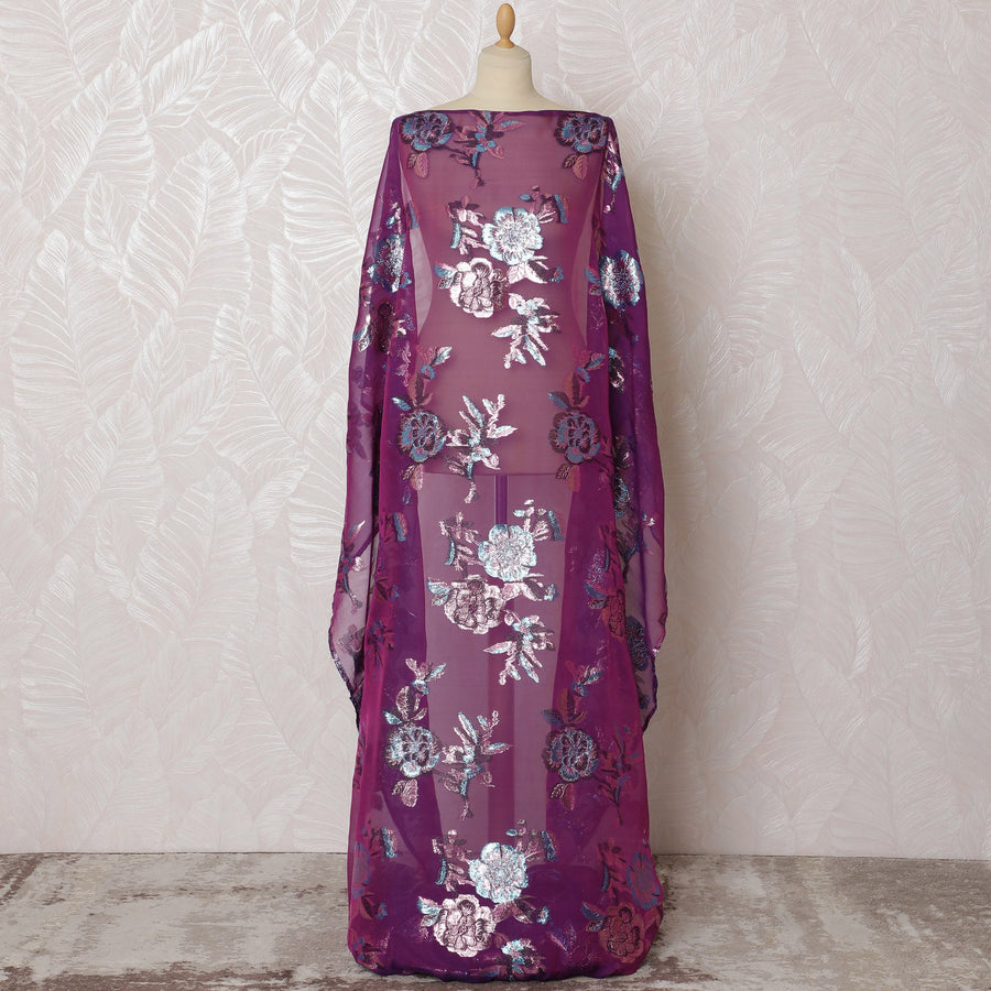 Regal Magenta Silk Chiffon Dirac with Iridescent Lurex Florals, 140cm Wide X 3.5 Mtrs piece-D18935