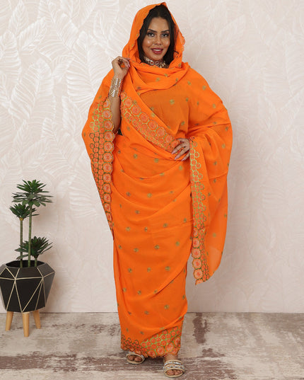 Vibrant Orange Traditional Sudanese Cotton Voile Embroidery Thobe Fabric, 4.5 Meters, 140 cm Width-D20376