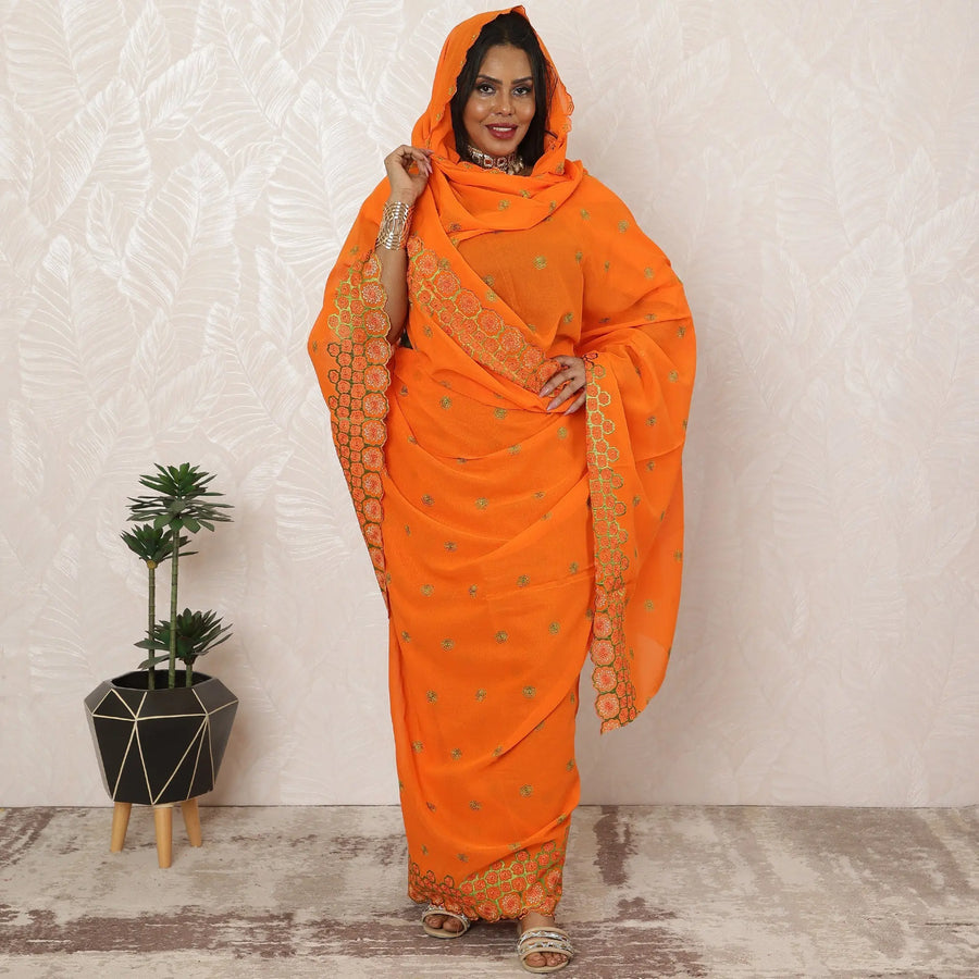 Vibrant Orange Traditional Sudanese Cotton Voile Embroidery Thobe Fabric, 4.5 Meters, 140 cm Width-D20376 Regal Fabrics