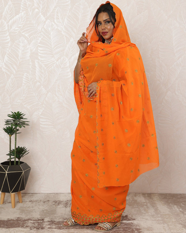 Vibrant Orange Traditional Sudanese Cotton Voile Embroidery Thobe Fabric, 4.5 Meters, 140 cm Width-D20376