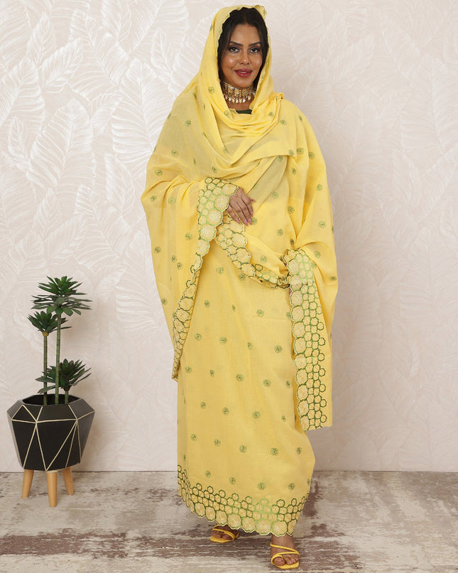 Sunny Yellow Traditional Sudanese Cotton Voile Embroidery Thobe Fabric, 4.5 Meters, 140 cm Width-D20377