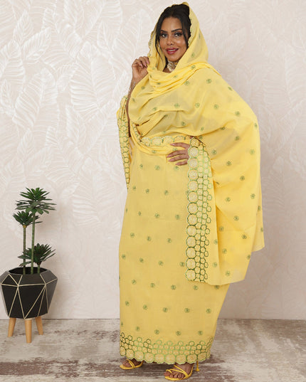 Sunny Yellow Traditional Sudanese Cotton Voile Embroidery Thobe Fabric, 4.5 Meters, 140 cm Width-D20377