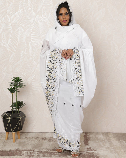 Elegant White Traditional Sudanese Premium Swiss Cotton Voile Embroidery Thobe Fabric, 4.5 Meters, 140 cm Width-D20378