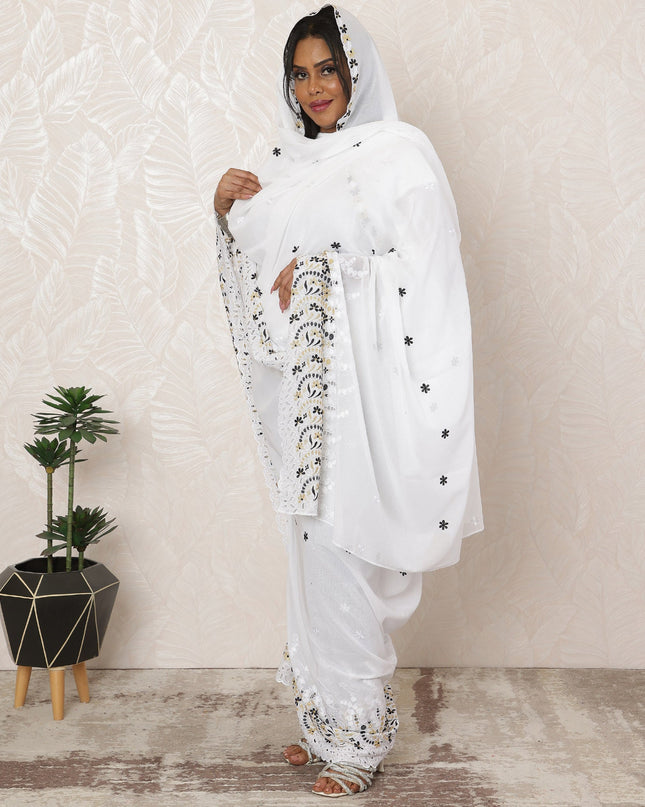 Elegant White Traditional Sudanese Premium Swiss Cotton Voile Embroidery Thobe Fabric, 4.5 Meters, 140 cm Width-D20378