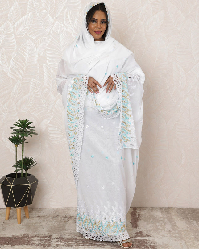 White and Light Blue Traditional Sudanese Premium Swiss Cotton Voile Embroidery Thobe Fabric, 4.5 Meters, 140 cm Width-D20379