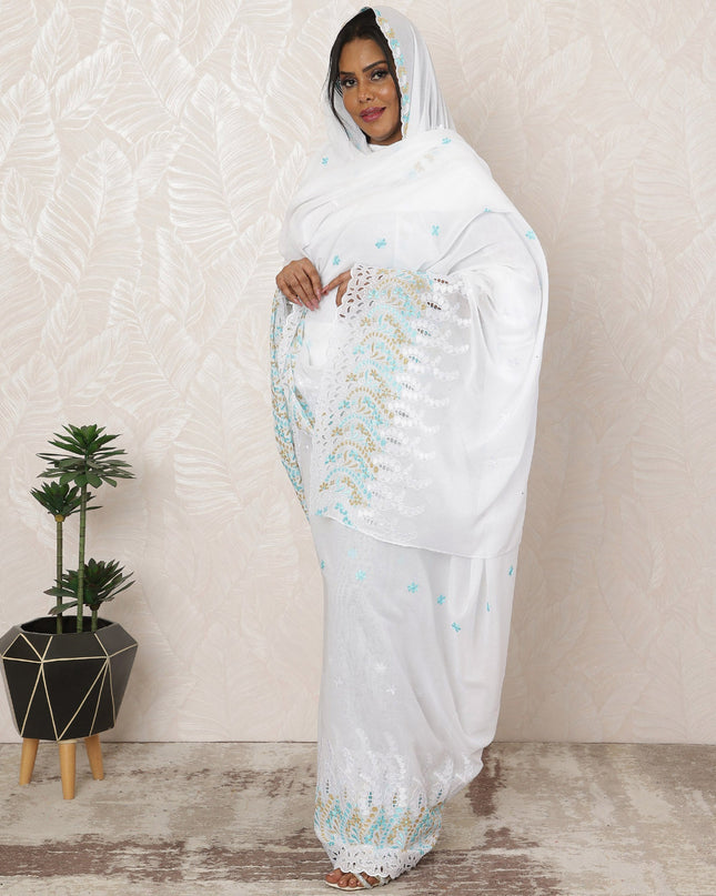 White and Light Blue Traditional Sudanese Premium Swiss Cotton Voile Embroidery Thobe Fabric, 4.5 Meters, 140 cm Width-D20379