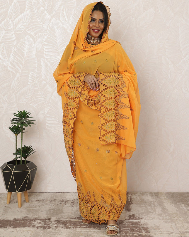 Golden Peach Traditional Sudanese Premium Swiss Cotton Voile Embroidery Thobe Fabric, 4.5 Meters, 140 cm Width-D20380