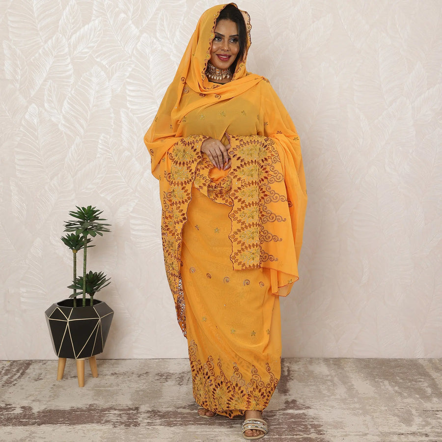 Golden Peach Traditional Sudanese Premium Swiss Cotton Voile Embroidery Thobe Fabric, 4.5 Meters, 140 cm Width-D20380 Regal Fabrics
