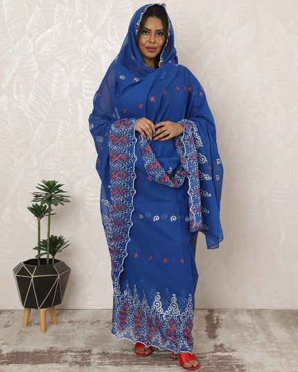 Royal Blue Traditional Sudanese Premium Swiss Cotton Voile Embroidery Thobe Fabric, 4.5 Meters, 140 cm Width-D20381