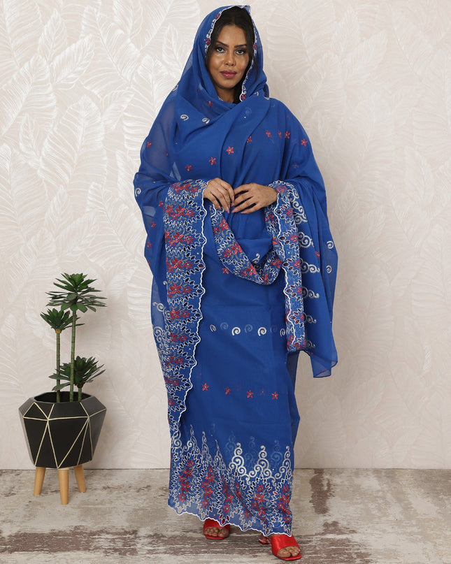 Royal Blue Traditional Sudanese Premium Swiss Cotton Voile Embroidery Thobe Fabric, 4.5 Meters, 140 cm Width-D20381