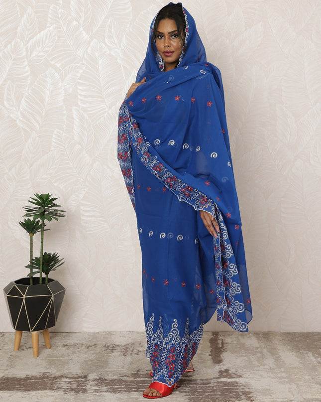 Royal Blue Traditional Sudanese Premium Swiss Cotton Voile Embroidery Thobe Fabric, 4.5 Meters, 140 cm Width-D20381