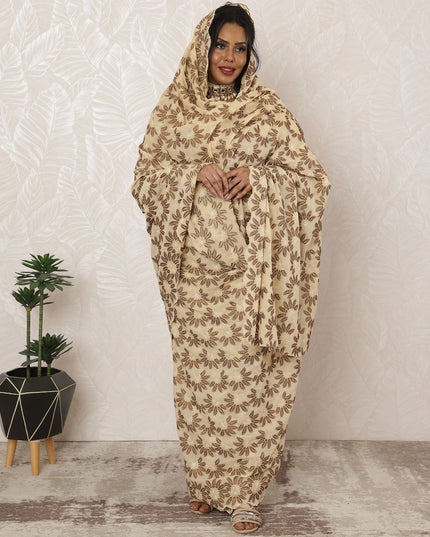 Cream and Brown Traditional Sudanese Premium Swiss Cotton Voile Embroidery Thobe Fabric, 4.5 Meters, 140 cm Width-D20383