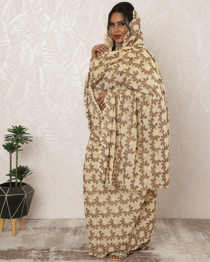 Cream and Brown Traditional Sudanese Premium Swiss Cotton Voile Embroidery Thobe Fabric, 4.5 Meters, 140 cm Width-D20383