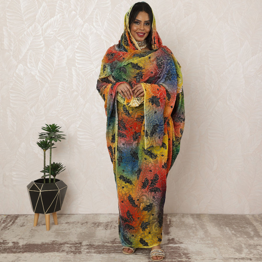Multicolor Traditional Sudanese Silk Blended Velvet Burnout Thobe Fabric, 4.5 Meters, 140 cm Width-D20385