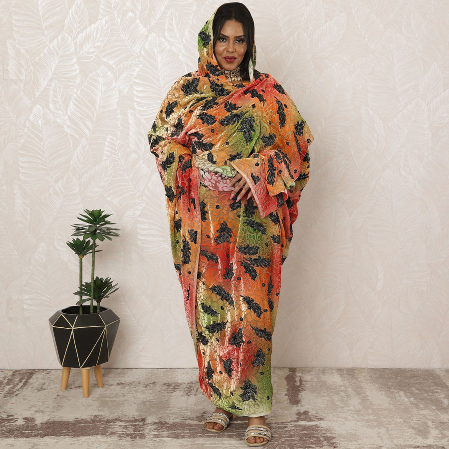 ثوب سوداني تقليدي من المخمل المخلوط بالحرير باللونين البرتقالي والأخضر، 4.5 متر، عرض 140 سم - D20386