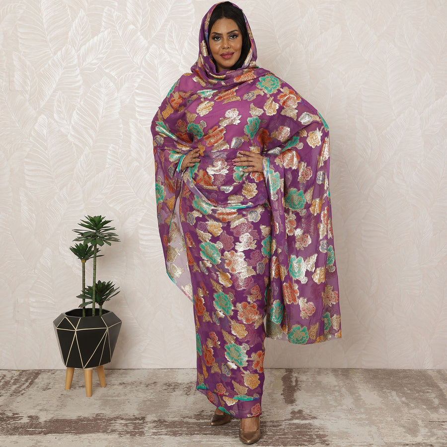 قماش شيفون حرير سوداني تقليدي باللونين الأرجواني والذهبي مع لوركس معدني، 4.5 متر، عرض 110 سم - D20388