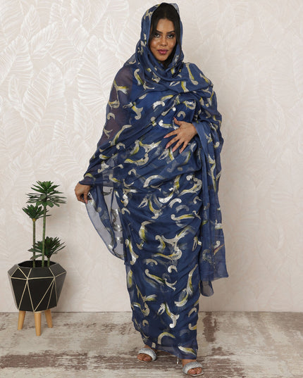 Navy Blue Sudanese Thobe Fabric in Premium Silk Chiffon (Fransawi) with Glitter Accents, 4.5 Meters, 140 cm Width-D20392