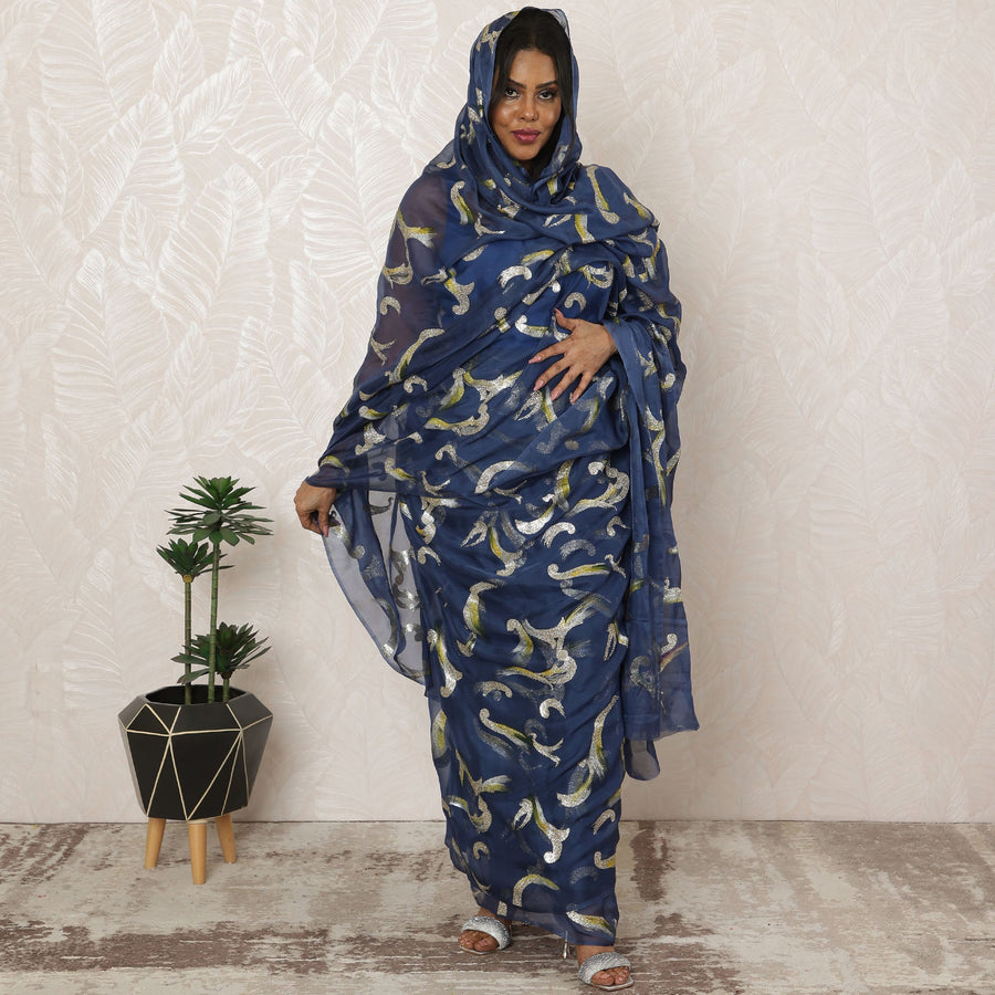 Navy Blue Sudanese Thobe Fabric in Premium Silk Chiffon (Fransawi) with Glitter Accents, 4.5 Meters, 140 cm Width-D20392
