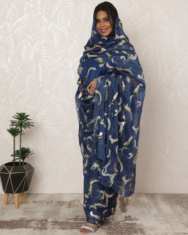 Navy Blue Sudanese Thobe Fabric in Premium Silk Chiffon (Fransawi) with Glitter Accents, 4.5 Meters, 140 cm Width-D20392