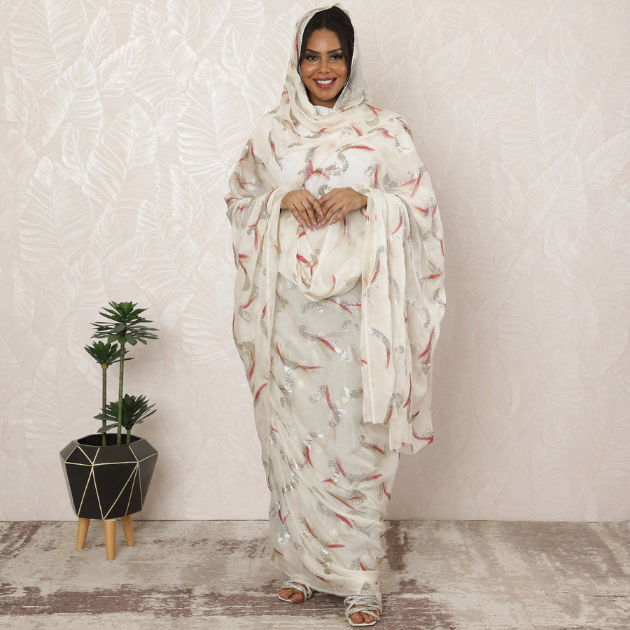 ثوب سوداني باللون الأبيض العاجي من الشيفون الحريري الفاخر (الفرنسوي) مع لمسات لامعة، 4.5 متر، عرض 140 سم - D20393