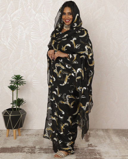 Black Sudanese Thobe Fabric in Premium Silk Chiffon (Fransawi) with Glitter Accents, 4.5 Meters, 140 cm Width-D20394