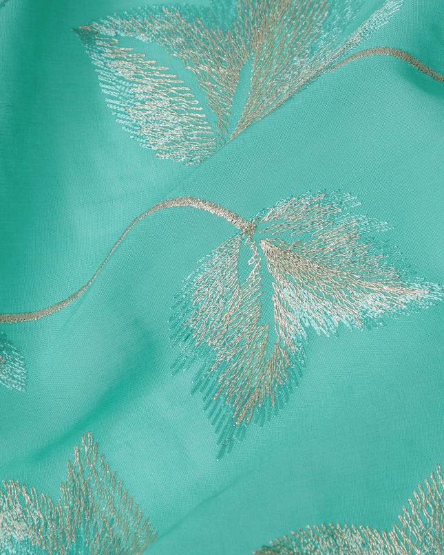 Mint Green Swiss Cotton Voile Sudanese Thobe Fabric with Embroidered Leaf Pattern, 4.5 MetersX140 Cms-D21373