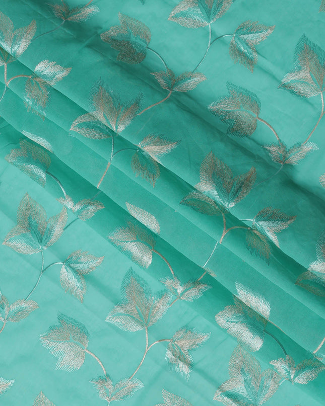 Mint Green Swiss Cotton Voile Sudanese Thobe Fabric with Embroidered Leaf Pattern, 4.5 MetersX140 Cms-D21373