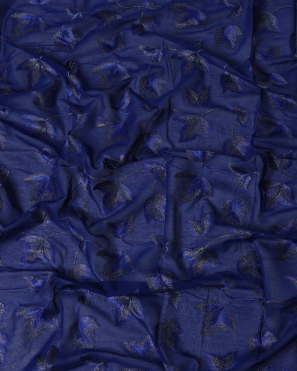 Royal Blue Swiss Cotton Voile Sudanese Thobe Fabric with Embroidered Leaf Pattern, 4.5 MetersX140 Cms-D21374