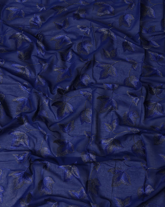 Royal Blue Swiss Cotton Voile Sudanese Thobe Fabric with Embroidered Leaf Pattern, 4.5 MetersX140 Cms-D21374