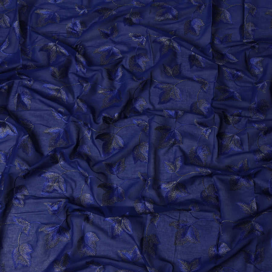 Royal Blue Swiss Cotton Voile Sudanese Thobe Fabric with Embroidered Leaf Pattern, 4.5 MetersX140 Cms-D21374