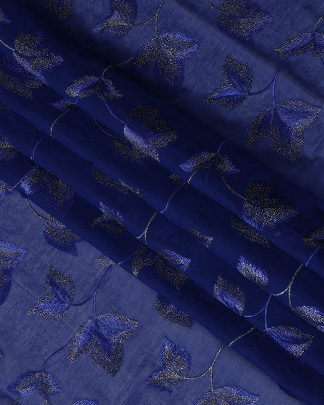 Royal Blue Swiss Cotton Voile Sudanese Thobe Fabric with Embroidered Leaf Pattern, 4.5 MetersX140 Cms-D21374