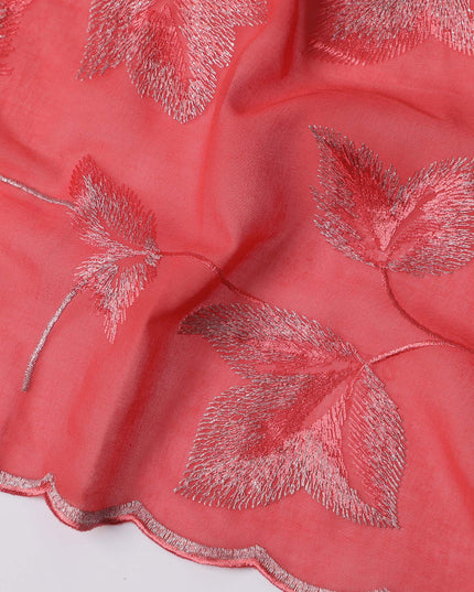 Coral Red Swiss Cotton Voile Sudanese Thobe Fabric with Embroidered Leaf Pattern, 4.5 MetersX140 Cms-D21375