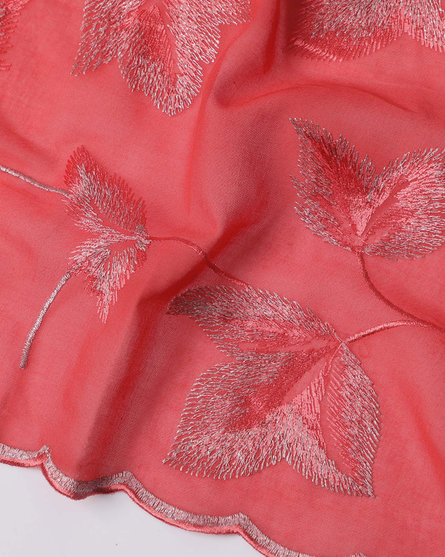 Coral Red Swiss Cotton Voile Sudanese Thobe Fabric with Embroidered Leaf Pattern, 4.5 MetersX140 Cms-D21375