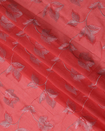 Coral Red Swiss Cotton Voile Sudanese Thobe Fabric with Embroidered Leaf Pattern, 4.5 MetersX140 Cms-D21375