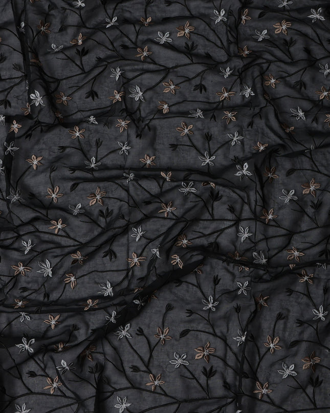 Black Swiss Cotton Voile Sudanese Thobe Fabric with Floral Embroidery, 4.5 MetersX140 Cms-D21376