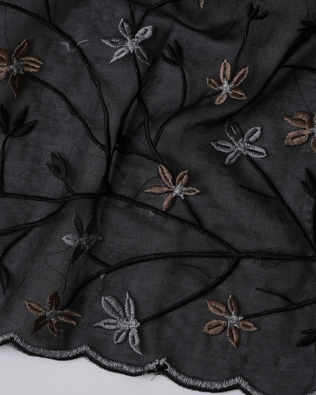 Black Swiss Cotton Voile Sudanese Thobe Fabric with Floral Embroidery, 4.5 MetersX140 Cms-D21376