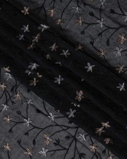 Black Swiss Cotton Voile Sudanese Thobe Fabric with Floral Embroidery, 4.5 MetersX140 Cms-D21376