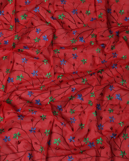 Red Swiss Cotton Voile Sudanese Thobe Fabric with Multicolor Floral Embroidery, 4.5 MetersX140 Cms-D21377